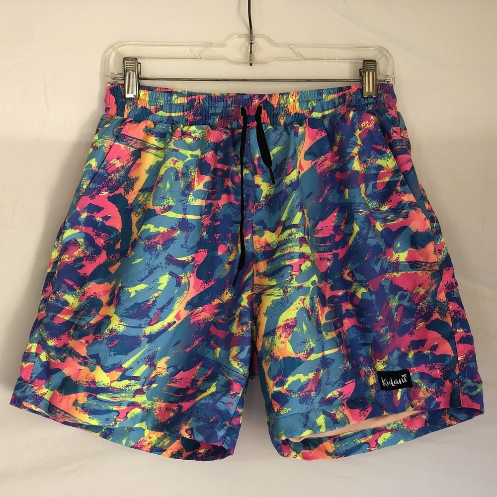 Kulani Kinis Swim Shorts Mens Medium Multicolor Neon Geometric Print Trunks